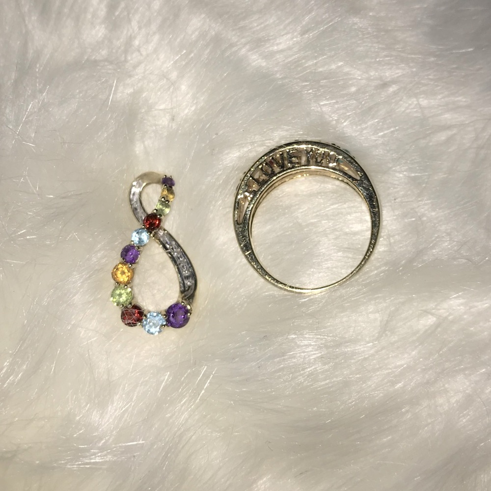 Infinity multi-gem stone pendent & I LOVE YOU Ring Set 10k Gold